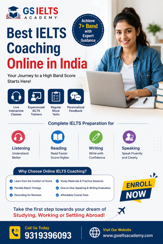A young Indian woman studying for the IELTS exam via an online live class on her laptop, with study materials and a GS IELTS Academy certificate in the background.