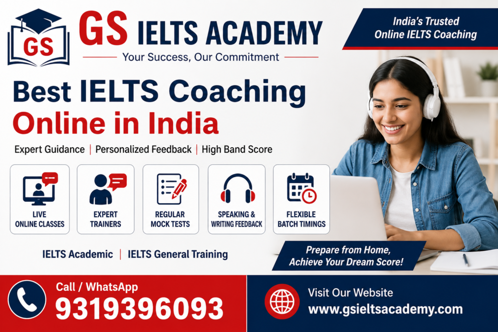 Best IELTS Coaching Online in India banner by GS IELTS Academy with expert trainers, live online classes, mock tests, and contact number 9319396093.